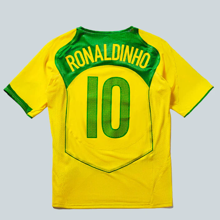 BRAZIL 2004 RE-ISSUE JERSEY WITH RONALDINHO 10 - YELLOW / GREEN - Image 2