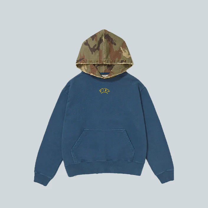DISTRESSED CAMO STUDDED HOODIE - NAVY