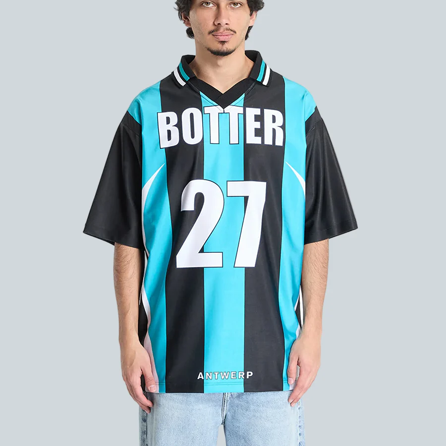 REEBOK X BOTTER REVERSE SOCCER TEE - STRIPPED NAVY/AQUA BLUE
